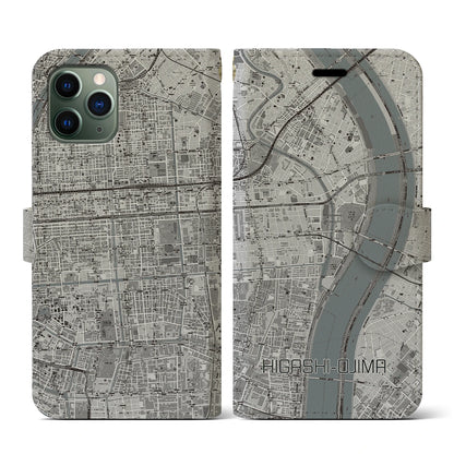 【東大島（東京都）】地図柄iPhoneケース（手帳タイプ）モノトーン・iPhone 11 Pro 用
