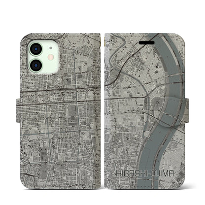 【東大島（東京都）】地図柄iPhoneケース（手帳タイプ）モノトーン・iPhone 12 mini 用