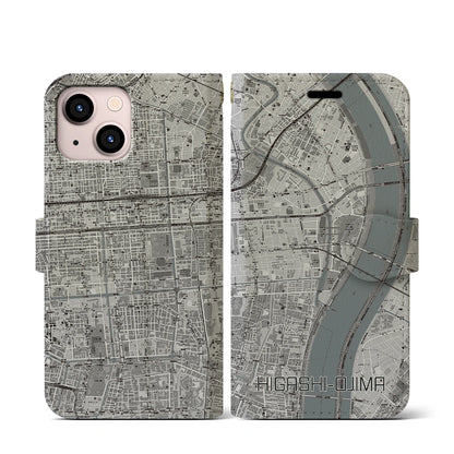 【東大島（東京都）】地図柄iPhoneケース（手帳タイプ）モノトーン・iPhone 13 mini 用