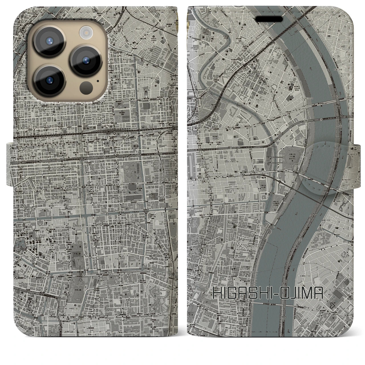 【東大島】地図柄iPhoneケース（手帳両面タイプ・モノトーン）iPhone 14 Pro Max 用