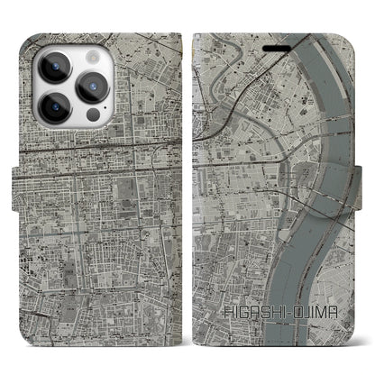 【東大島（東京都）】地図柄iPhoneケース（手帳タイプ）モノトーン・iPhone 14 Pro 用