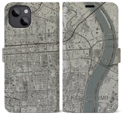 【東大島（東京都）】地図柄iPhoneケース（手帳タイプ）モノトーン・iPhone 14 Plus 用