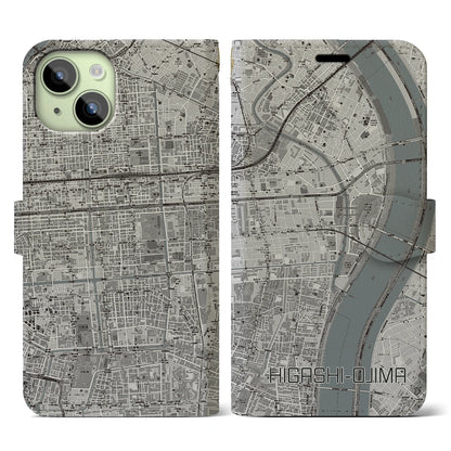 【東大島（東京都）】地図柄iPhoneケース（手帳タイプ）モノトーン・iPhone 15 用