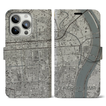 【東大島（東京都）】地図柄iPhoneケース（手帳タイプ）モノトーン・iPhone 15 Pro 用