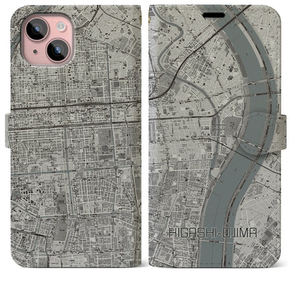 【東大島（東京都）】地図柄iPhoneケース（手帳タイプ）モノトーン・iPhone 15 Plus 用