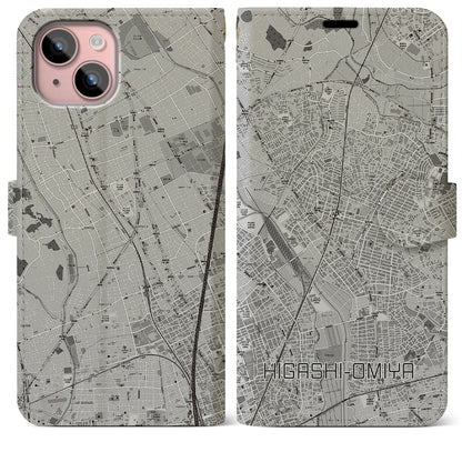 【東大宮（埼玉県）】地図柄iPhoneケース（手帳タイプ）モノトーン・iPhone 15 Plus 用