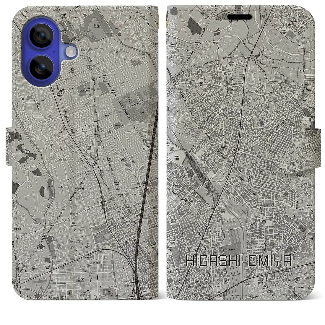 【東大宮(埼玉県)】地図柄iPhoneケース(手帳タイプ)モノトーン・iPhone 16 Pro Max 用