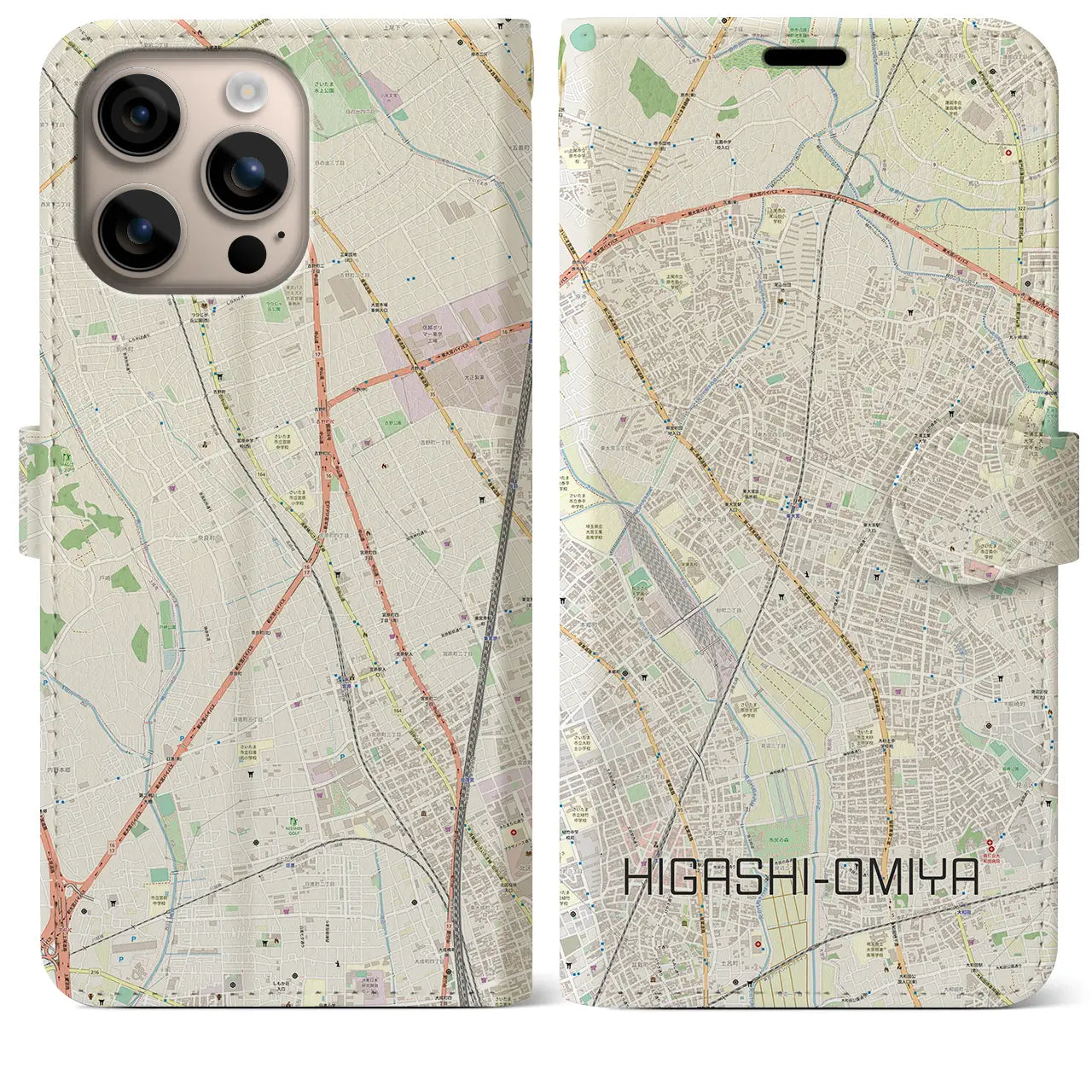 【東大宮（埼玉県）】地図柄iPhoneケース（手帳タイプ）ナチュラル・iPhone 16 Plus 用