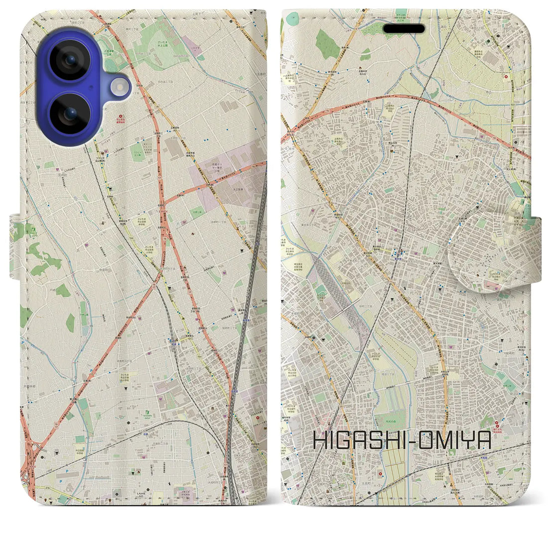 【東大宮（埼玉県）】地図柄iPhoneケース（手帳タイプ）ナチュラル・iPhone 16 Pro Max 用