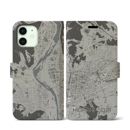 【東総社（岡山県）】地図柄iPhoneケース（手帳タイプ）モノトーン・iPhone 12 mini 用