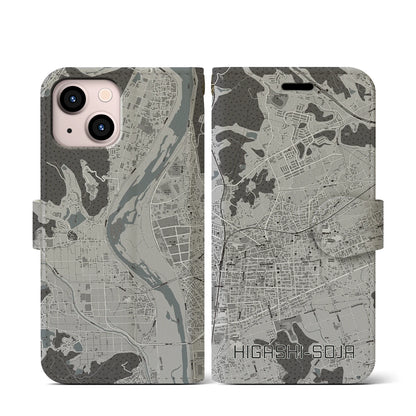 【東総社（岡山県）】地図柄iPhoneケース（手帳タイプ）モノトーン・iPhone 13 mini 用