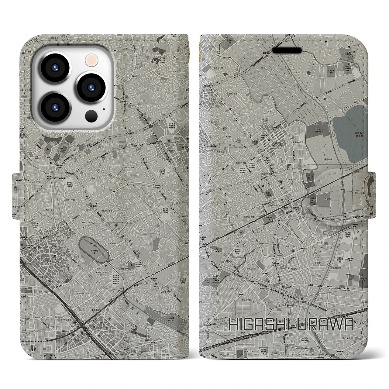 【東浦和】地図柄iPhoneケース（手帳両面タイプ・モノトーン）iPhone 13 Pro 用