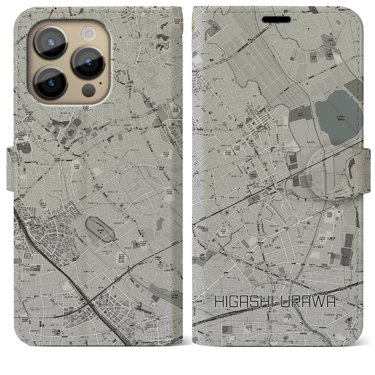 【東浦和】地図柄iPhoneケース（手帳両面タイプ・モノトーン）iPhone 14 Pro Max 用
