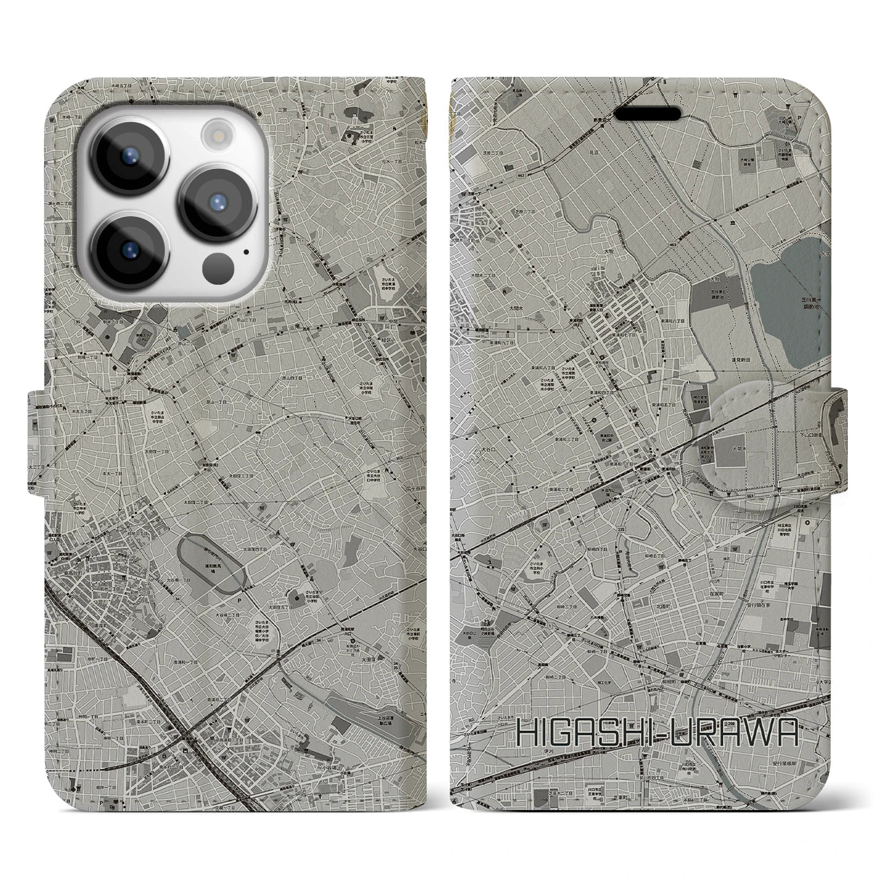 【東浦和】地図柄iPhoneケース（手帳両面タイプ・モノトーン）iPhone 14 Pro 用