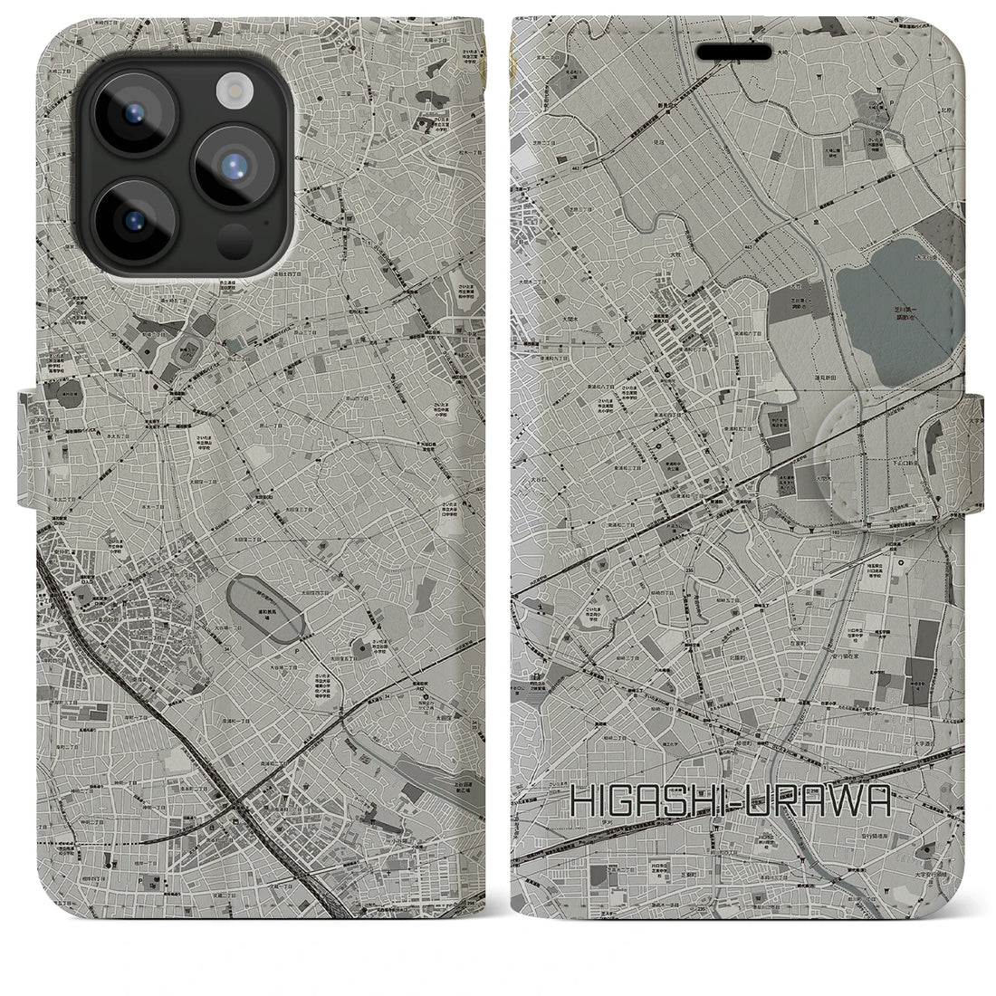 【東浦和】地図柄iPhoneケース（手帳両面タイプ・モノトーン）iPhone 15 Pro Max 用