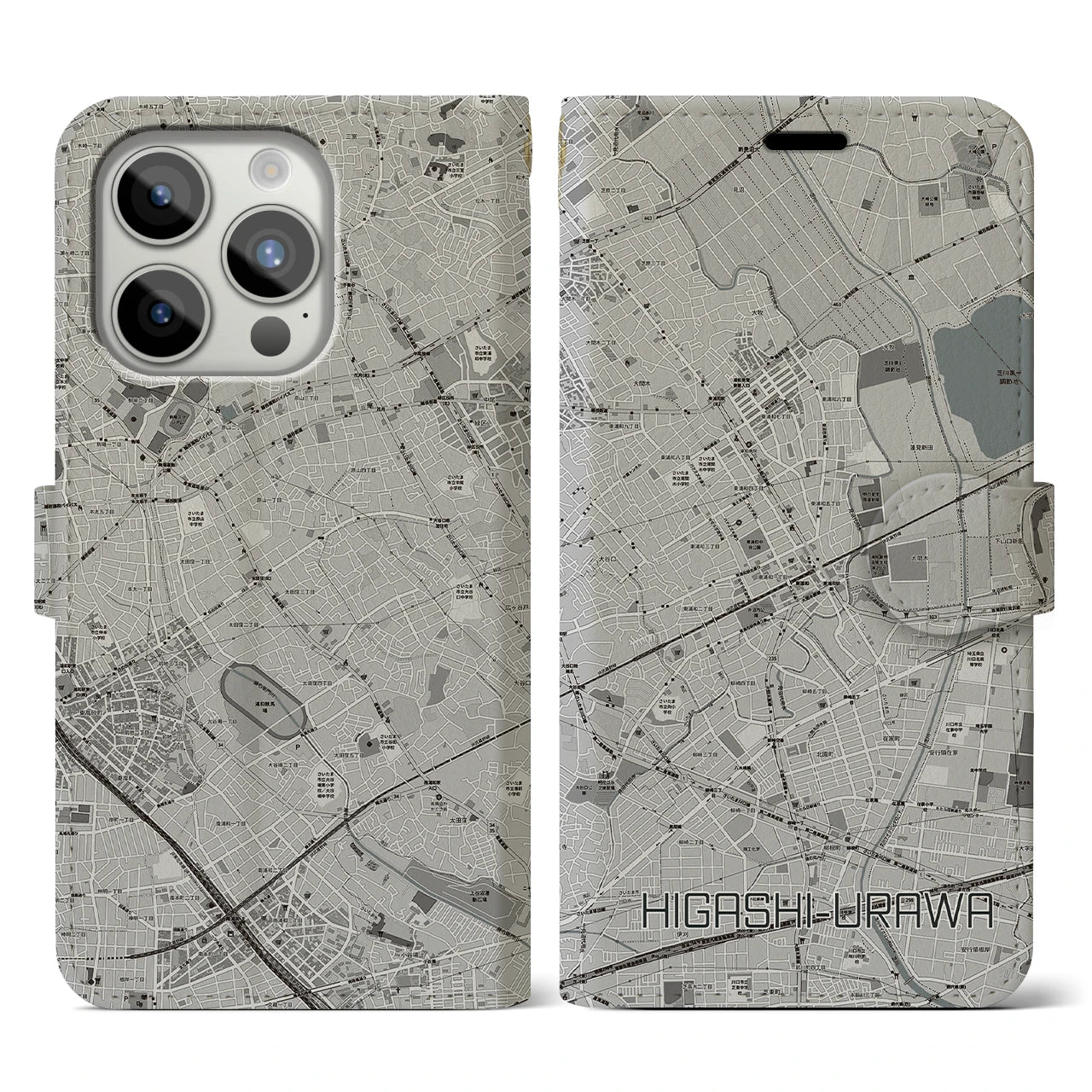 【東浦和】地図柄iPhoneケース（手帳両面タイプ・モノトーン）iPhone 15 Pro 用