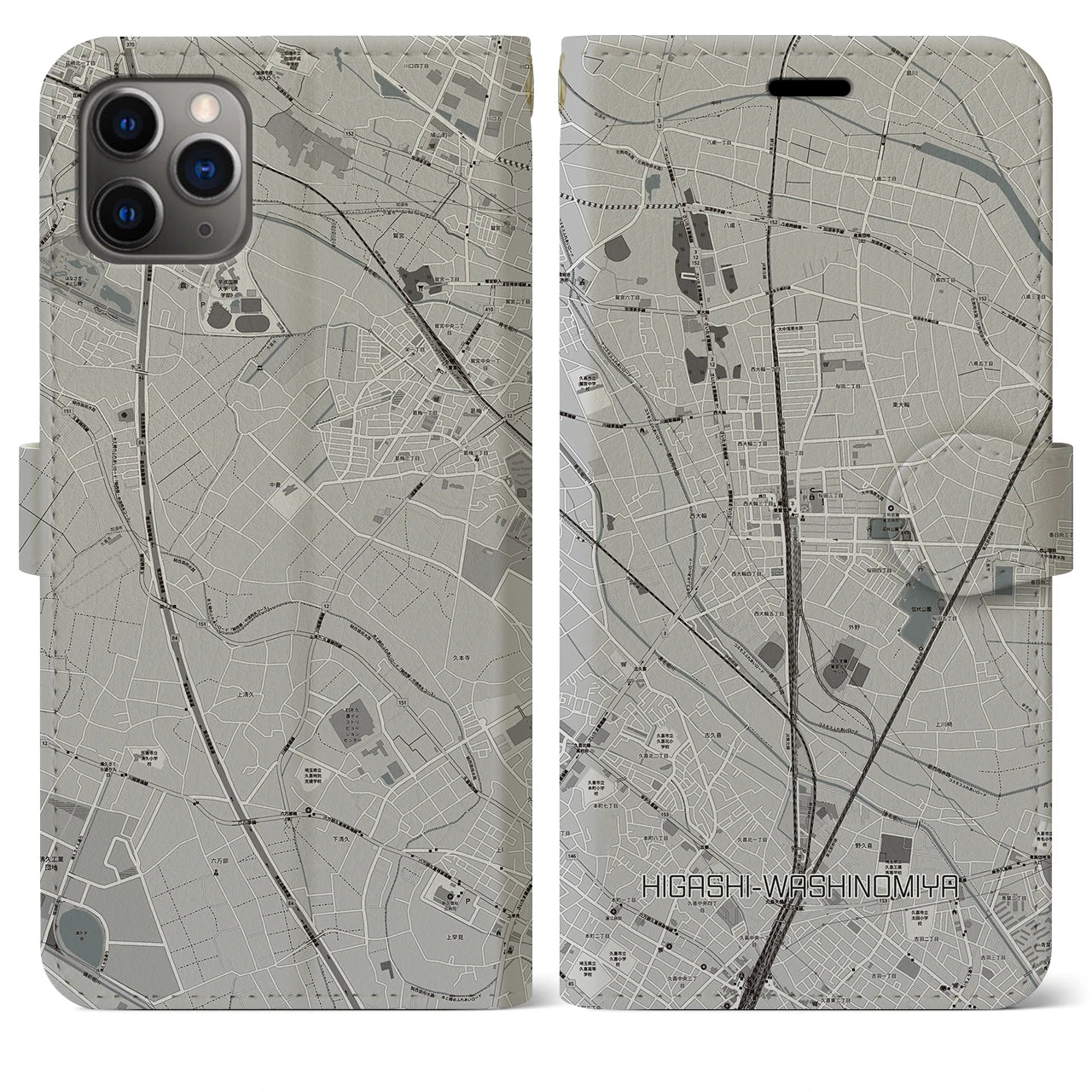 【東鷲宮】地図柄iPhoneケース（手帳両面タイプ・モノトーン）iPhone 11 Pro Max 用