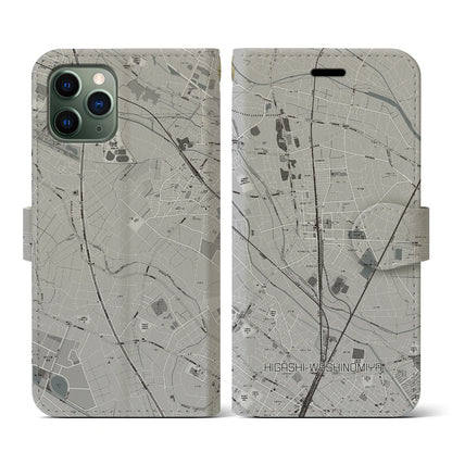 【東鷲宮（埼玉県）】地図柄iPhoneケース（手帳タイプ）モノトーン・iPhone 11 Pro 用