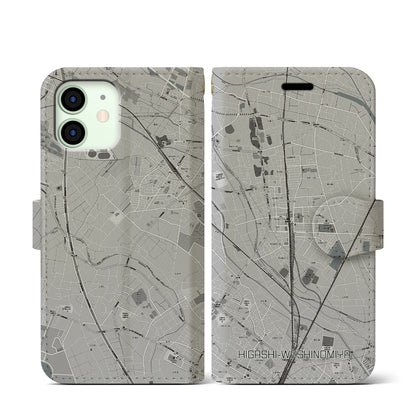 【東鷲宮（埼玉県）】地図柄iPhoneケース（手帳タイプ）モノトーン・iPhone 12 mini 用