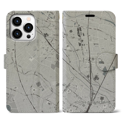 【東鷲宮（埼玉県）】地図柄iPhoneケース（手帳タイプ）モノトーン・iPhone 13 Pro 用