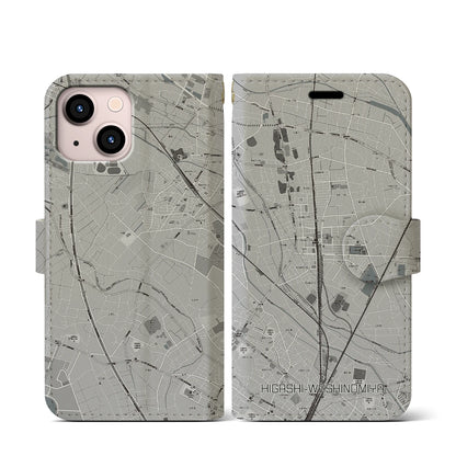 【東鷲宮（埼玉県）】地図柄iPhoneケース（手帳タイプ）モノトーン・iPhone 13 mini 用