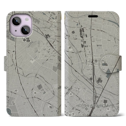 【東鷲宮（埼玉県）】地図柄iPhoneケース（手帳タイプ）モノトーン・iPhone 14 用