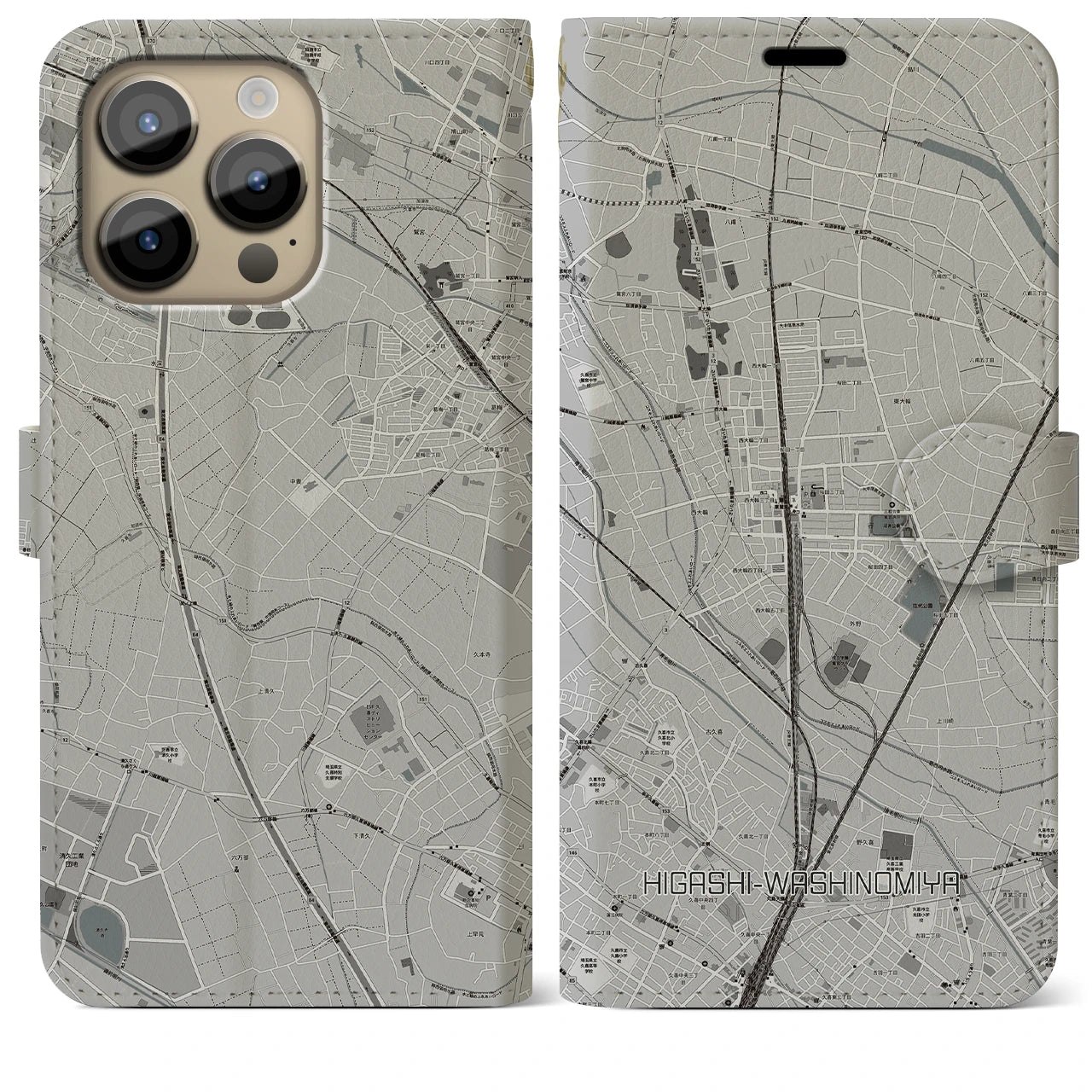 【東鷲宮】地図柄iPhoneケース（手帳両面タイプ・モノトーン）iPhone 14 Pro Max 用
