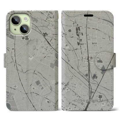 【東鷲宮（埼玉県）】地図柄iPhoneケース（手帳タイプ）モノトーン・iPhone 15 用