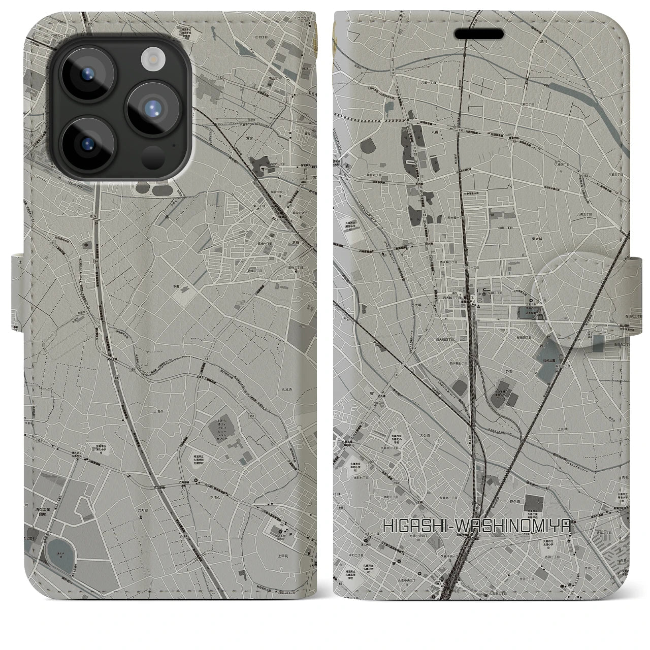 【東鷲宮】地図柄iPhoneケース（手帳両面タイプ・モノトーン）iPhone 15 Pro Max 用