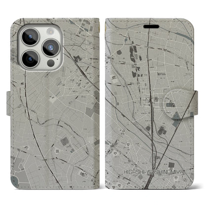 【東鷲宮（埼玉県）】地図柄iPhoneケース（手帳タイプ）モノトーン・iPhone 15 Pro 用