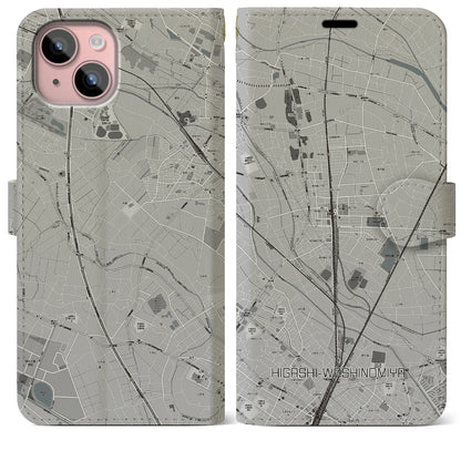 【東鷲宮（埼玉県）】地図柄iPhoneケース（手帳タイプ）モノトーン・iPhone 15 Plus 用