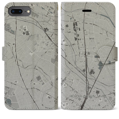 【東鷲宮（埼玉県）】地図柄iPhoneケース（手帳タイプ）モノトーン・iPhone 8Plus /7Plus / 6sPlus / 6Plus 用