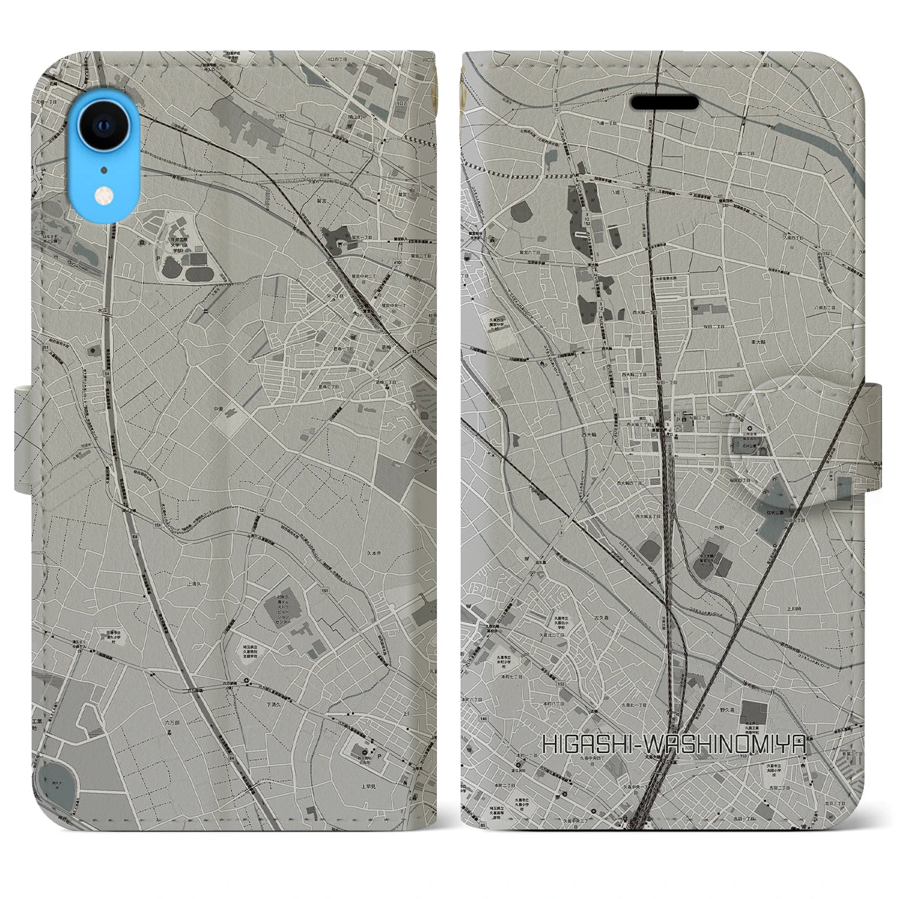 【東鷲宮】地図柄iPhoneケース（手帳両面タイプ・モノトーン）iPhone XR 用