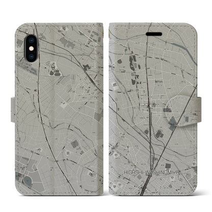 【東鷲宮（埼玉県）】地図柄iPhoneケース（手帳タイプ）モノトーン・iPhone XS / X 用