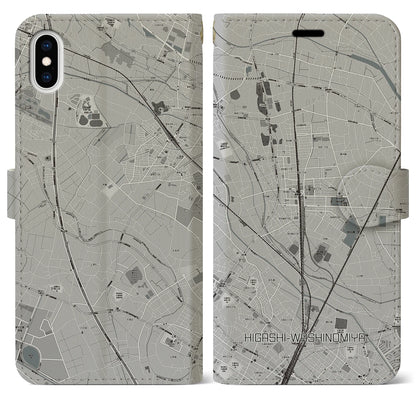 【東鷲宮（埼玉県）】地図柄iPhoneケース（手帳タイプ）モノトーン・iPhone XS Max 用