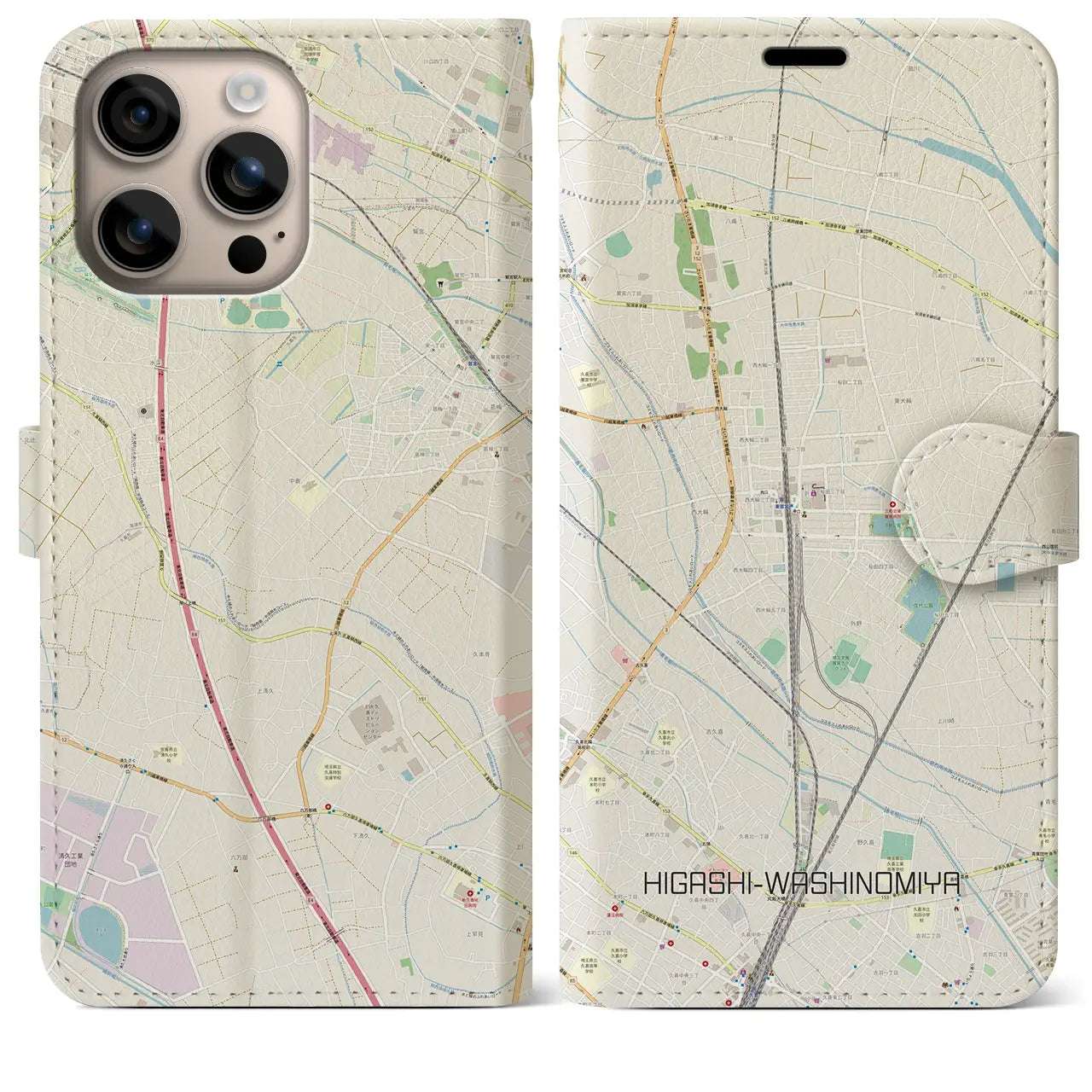 【東鷲宮（埼玉県）】地図柄iPhoneケース（手帳タイプ）ナチュラル・iPhone 16 Plus 用