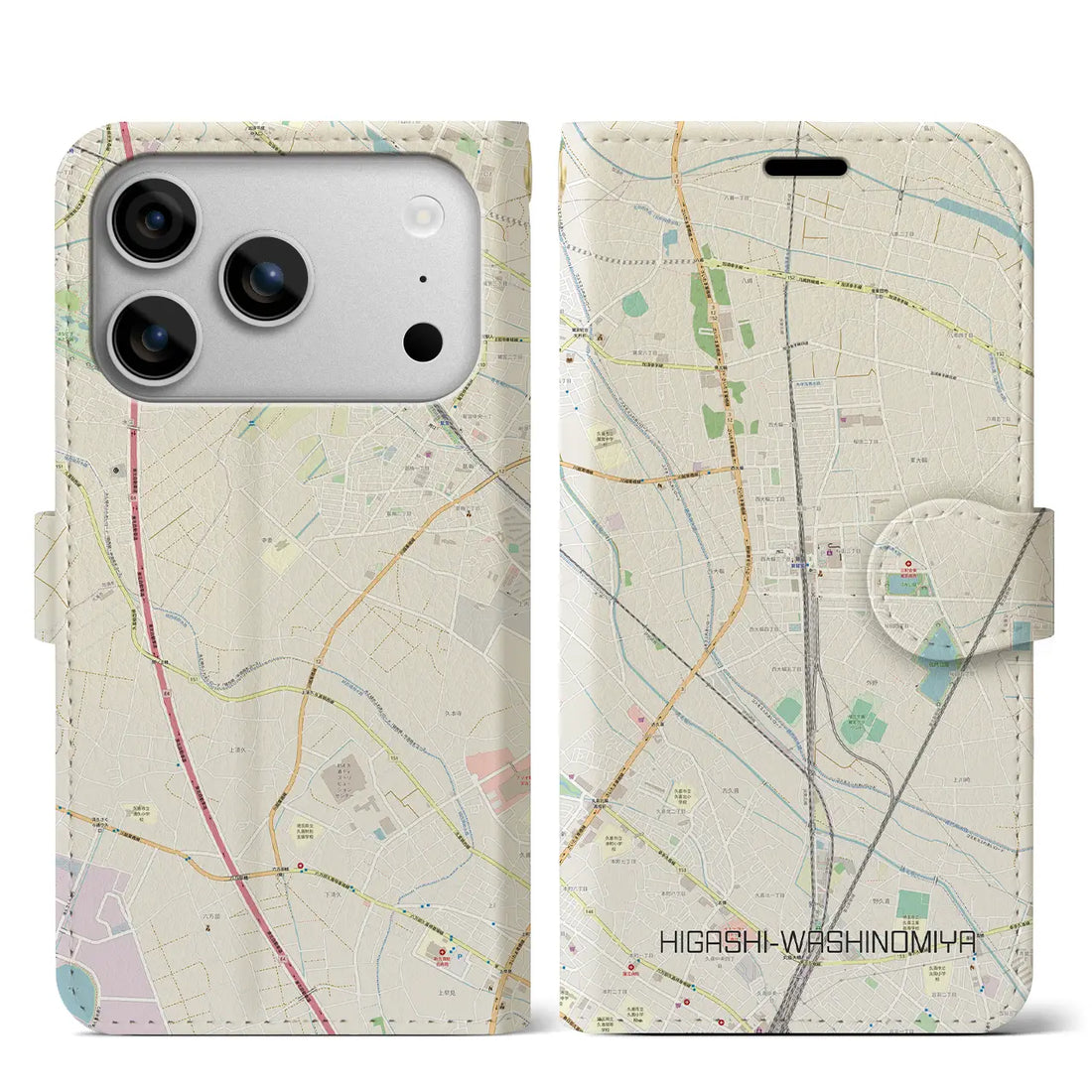 【東鷲宮（埼玉県）】地図柄iPhoneケース（手帳タイプ）ナチュラル・iPhone 17 Pro Max 用