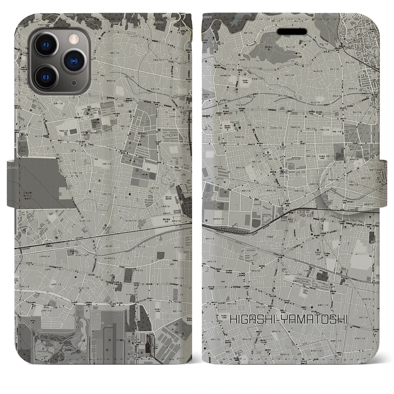 【東大和市】地図柄iPhoneケース（手帳両面タイプ・モノトーン）iPhone 11 Pro Max 用