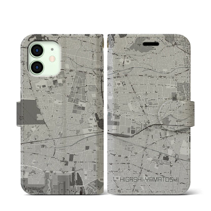 【東大和市（東京都）】地図柄iPhoneケース（手帳タイプ）モノトーン・iPhone 12 mini 用