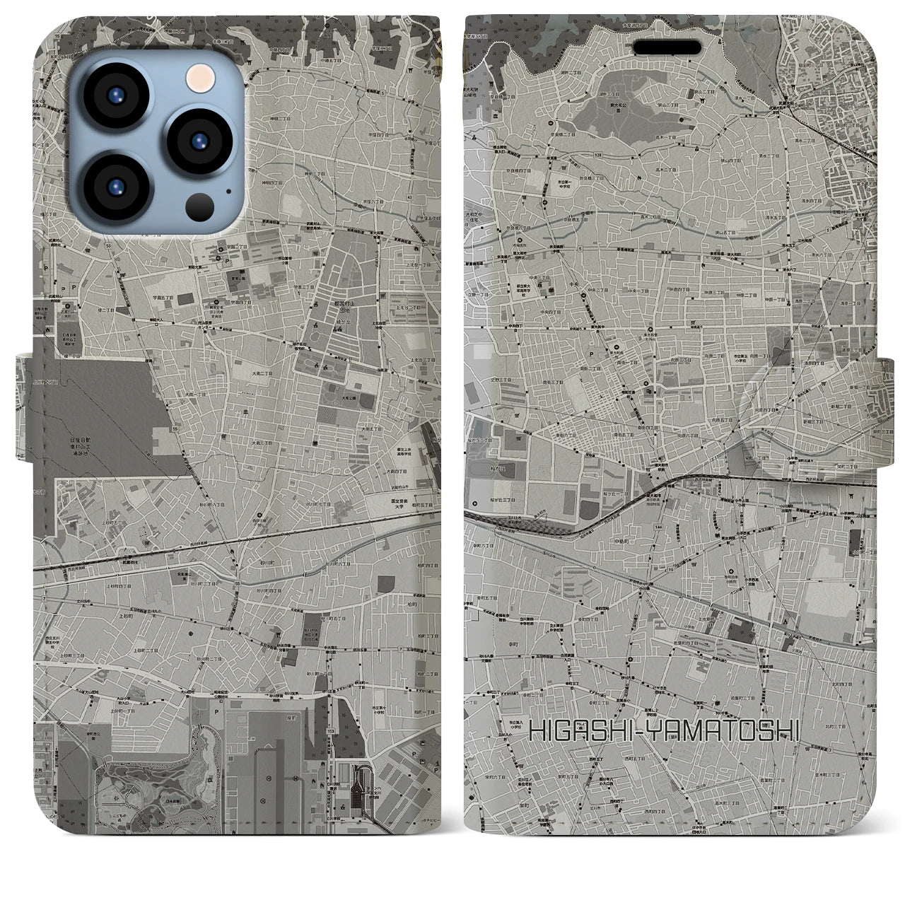 【東大和市】地図柄iPhoneケース（手帳両面タイプ・モノトーン）iPhone 13 Pro Max 用