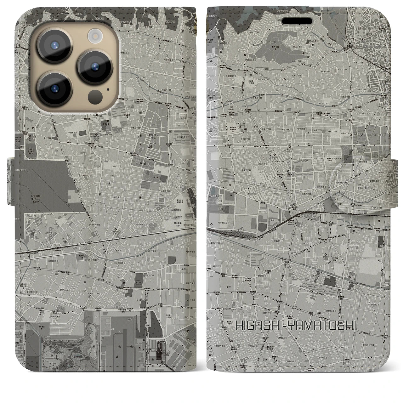 【東大和市】地図柄iPhoneケース（手帳両面タイプ・モノトーン）iPhone 14 Pro Max 用