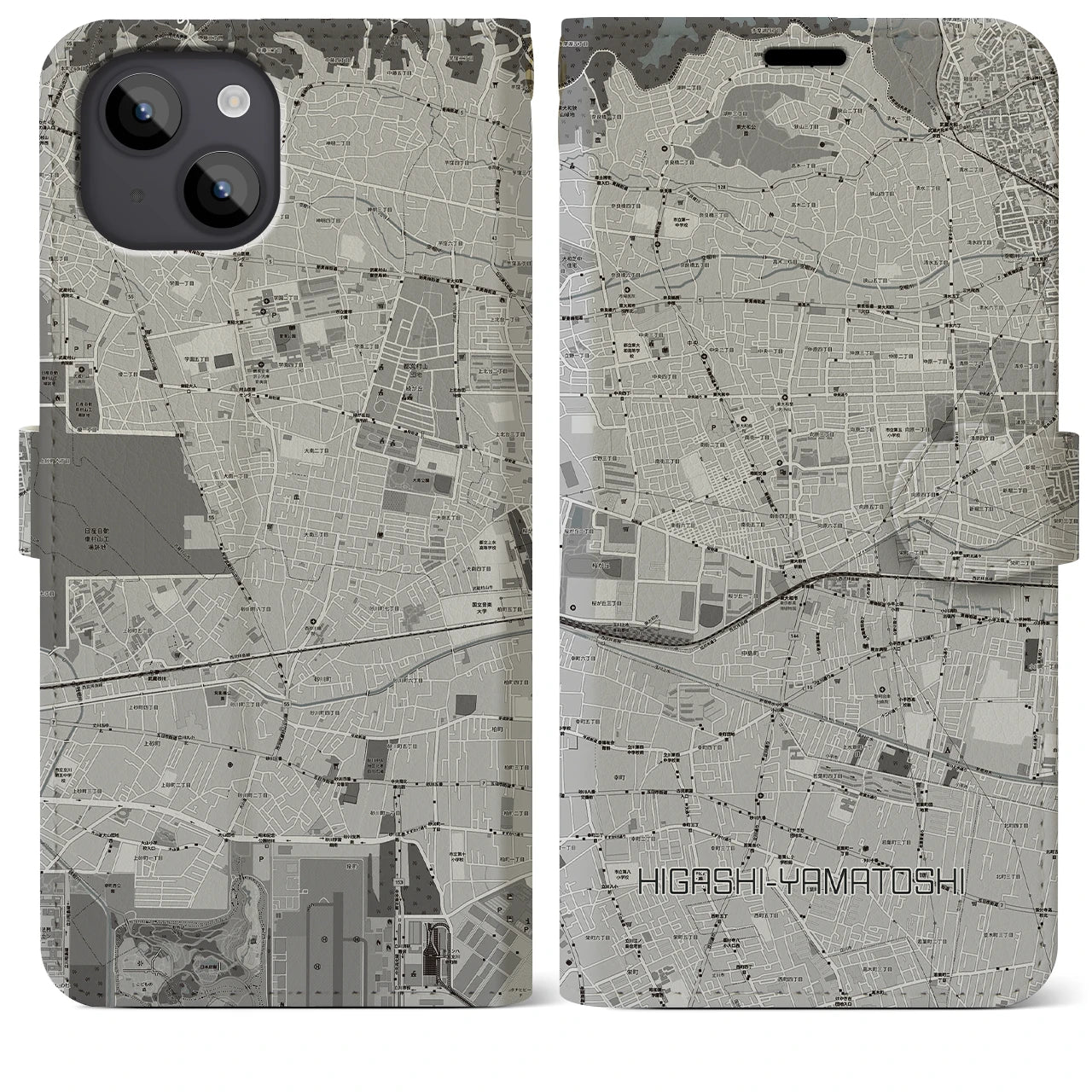 【東大和市】地図柄iPhoneケース（手帳両面タイプ・モノトーン）iPhone 14 Plus 用