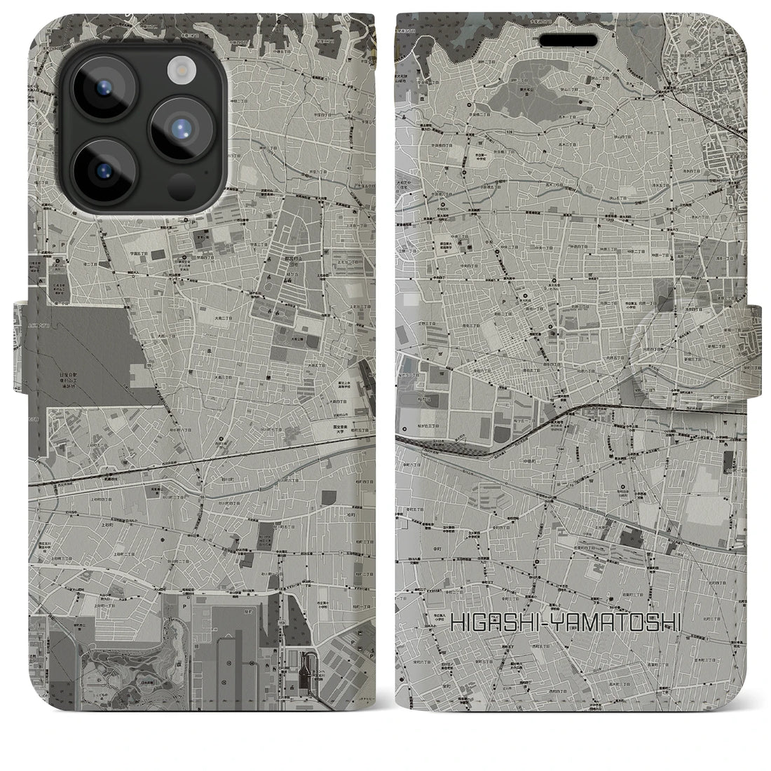 【東大和市】地図柄iPhoneケース（手帳両面タイプ・モノトーン）iPhone 15 Pro Max 用