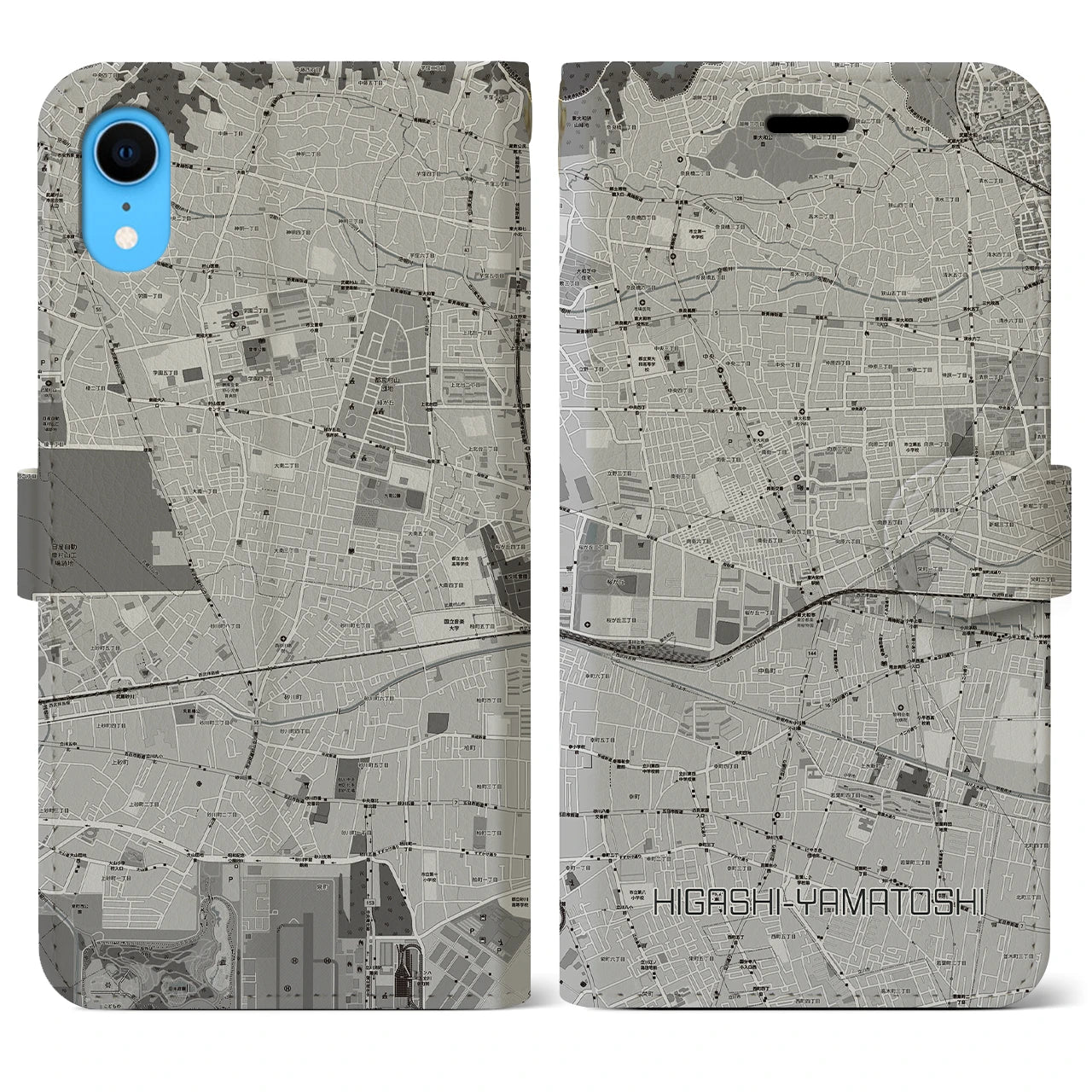 【東大和市】地図柄iPhoneケース（手帳両面タイプ・モノトーン）iPhone XR 用