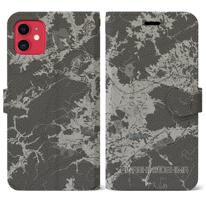 【東広島（広島県）】地図柄iPhoneケース（手帳タイプ）モノトーン・iPhone 11 用
