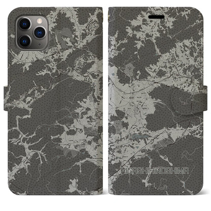 【東広島（広島県）】地図柄iPhoneケース（手帳タイプ）モノトーン・iPhone 11 Pro Max 用