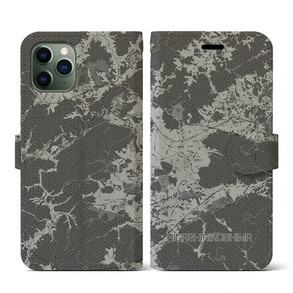 【東広島（広島県）】地図柄iPhoneケース（手帳タイプ）モノトーン・iPhone 11 Pro 用
