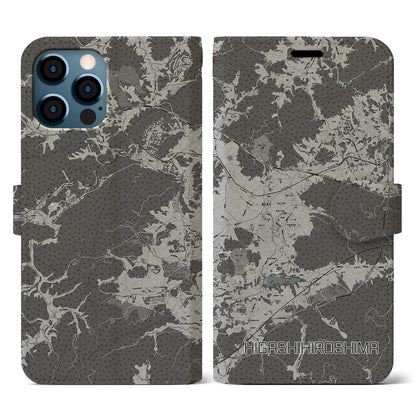 【東広島（広島県）】地図柄iPhoneケース（手帳タイプ）モノトーン・iPhone 12 / 12 Pro 用