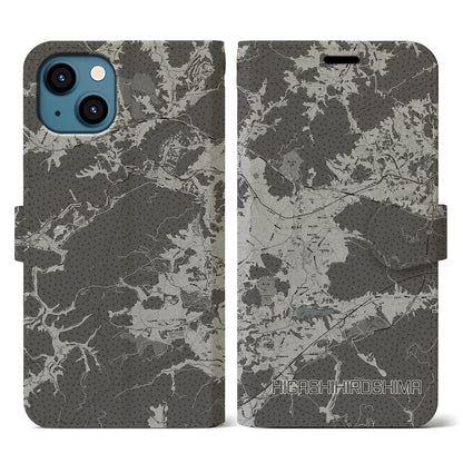【東広島（広島県）】地図柄iPhoneケース（手帳タイプ）モノトーン・iPhone 13 用
