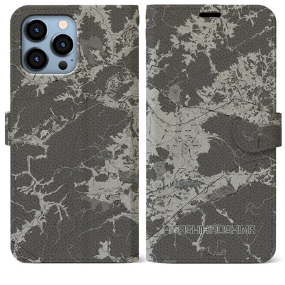 【東広島（広島県）】地図柄iPhoneケース（手帳タイプ）モノトーン・iPhone 13 Pro Max 用